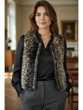 Cache Womens Size S Black Vest Faux Fur Animal Print Embellished Silver Lined